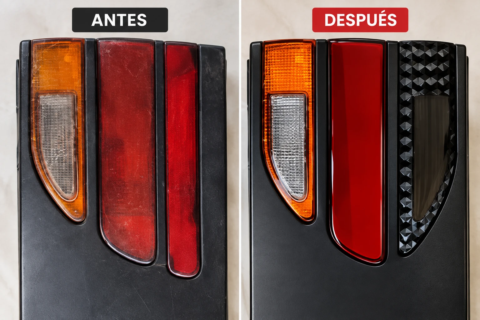 Luces traseras antes opacas y despues con textura diamante ahumada