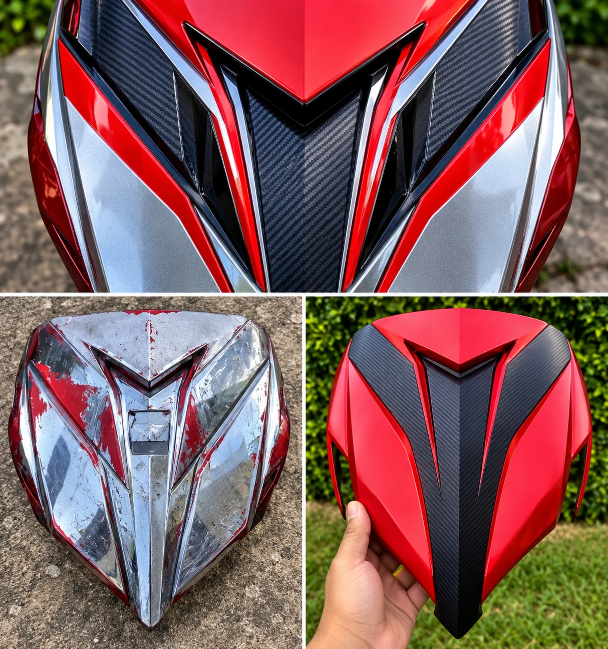 Frente de moto con vinyl rojo, plata y textura carbono, antes y terminado