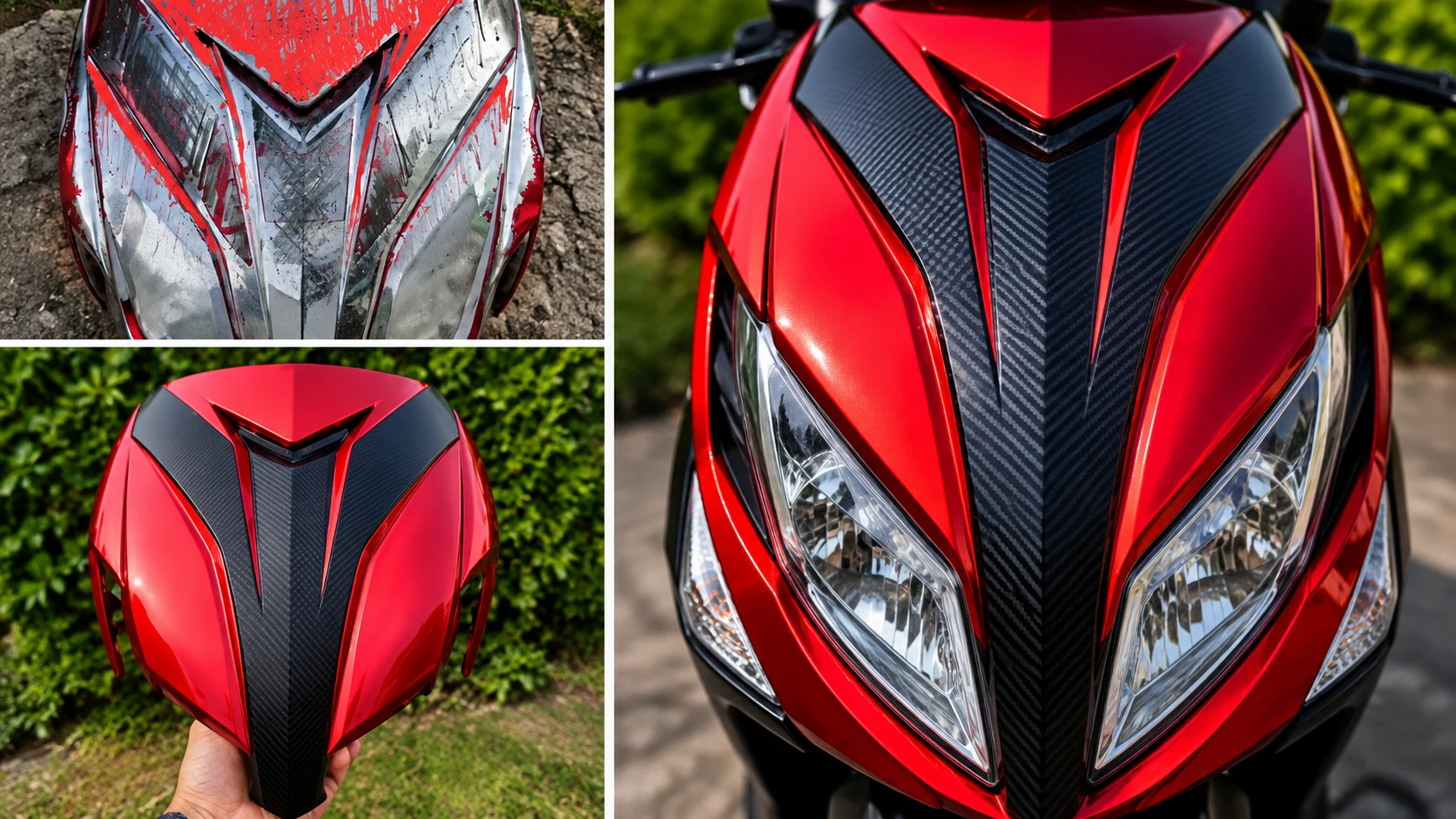 Frente de moto rojo con textura carbono, antes desgastado y terminado