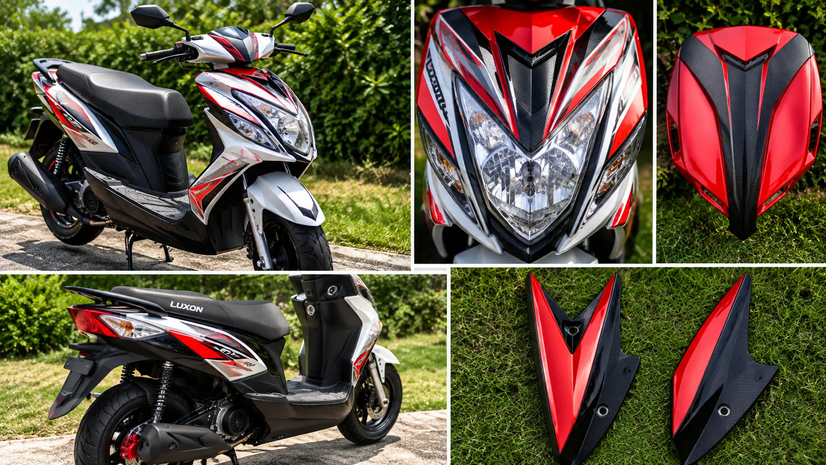 Scooter LUXON con vinyl blanco, rojo y negro, vista completa y piezas