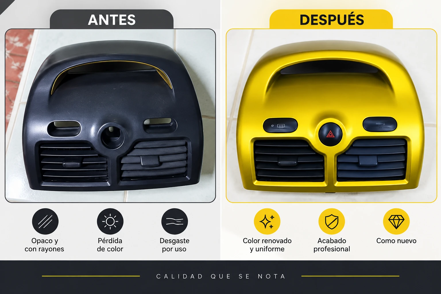Panel de tablero antes negro opaco y despues amarillo brillante